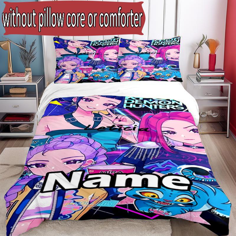 3pcs Duvet Cover Set (1*Duvet Cover + 2*Pillowcase, Without Core), Custom Name KPop Demon Hunters Pattern Bedding Set, Home Bedroom Decor Gift