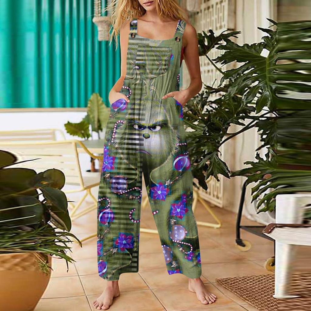 Women's Fashion Christmas Print Casual Retro Sleeveless Button Jumpsuit
