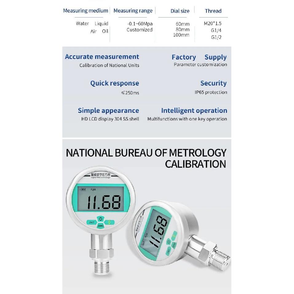 Digital Pressure Gauge 80mm LCD Display 0-60Mpa Manomete Battery-Powered Air Pressure Meter Psi/Bar/Kpa Water Pressure Gauge