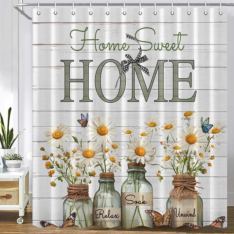 MERCHR Buffalo Check Plaid Shower Curtain 72 x 72 Inch, Farmhouse Wooden Board Shower Curtain, Rustic Flower Home Sweet Home Bath Curtain Polyester