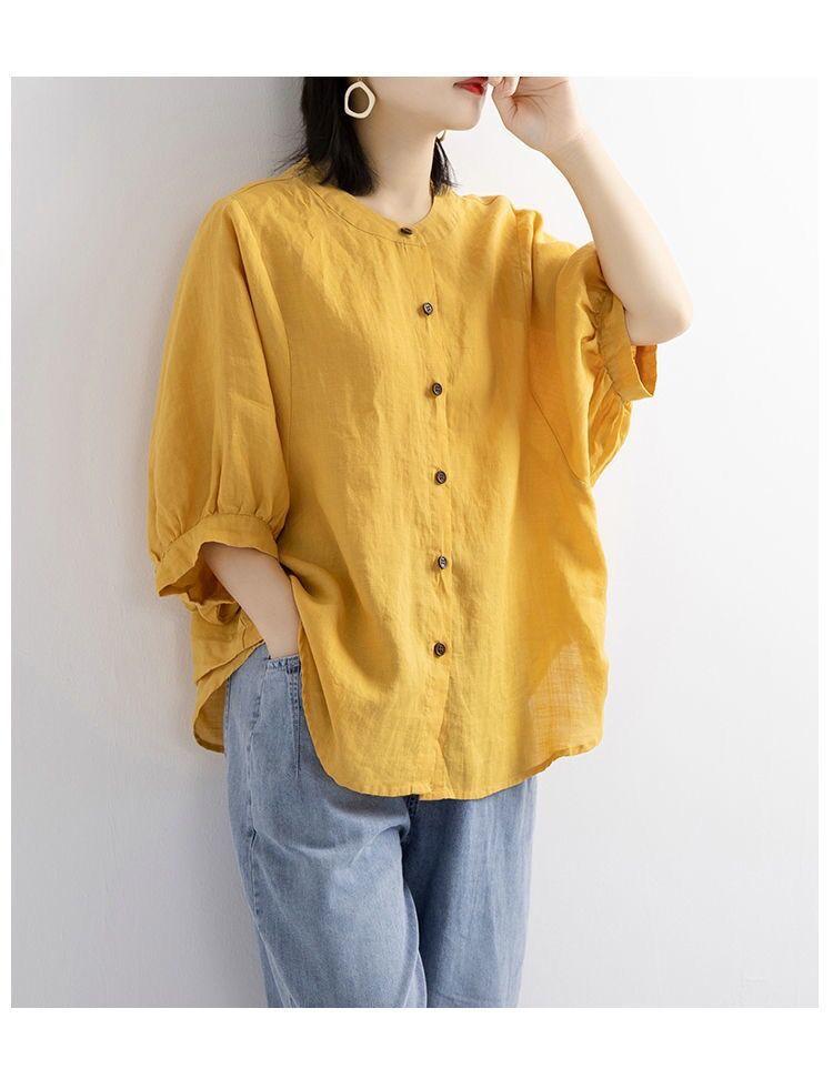 Women's Retro Cotton Linen Lantern Sleeve Blouse: Summer Mid-Sleeve, Loose Fit, Plus Size