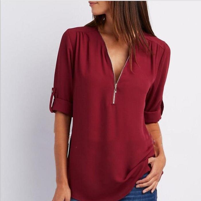 Рубашка с v-образным вырезом на молнии, женская футболка большого размера с длинными рукавами, свободная шифоновая рубашка