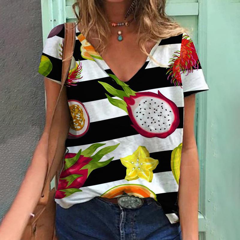 Лето 2023, футболка с 3D растительным принтом и фруктами, женская футболка с v-образным вырезом, топ Kawaii, уличный женский свободный модный универсальный топ в стиле Харадзюку, 2023 г.