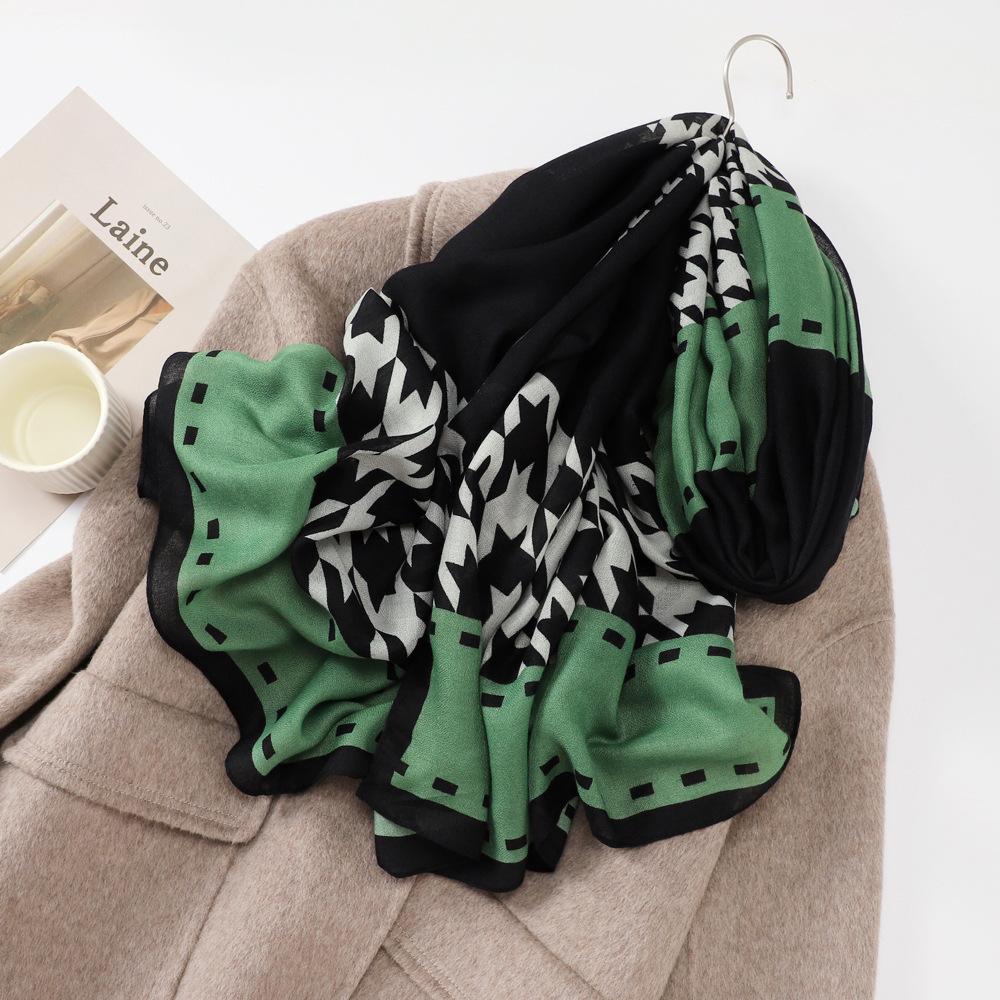 Autumn Cotton and Linen Travel Silk Scarf Female Korean Version of The Thousand Birds Grid Elegant Fashion Versatile Sunscreen Windproof Scarf