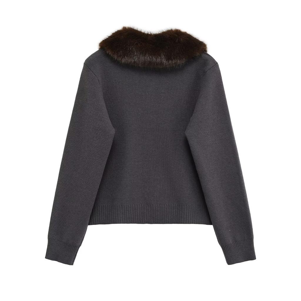 Европейский и американский стиль, новая женская мода, универсальная, вязаная куртка-свитер с воротником из искусственного меха