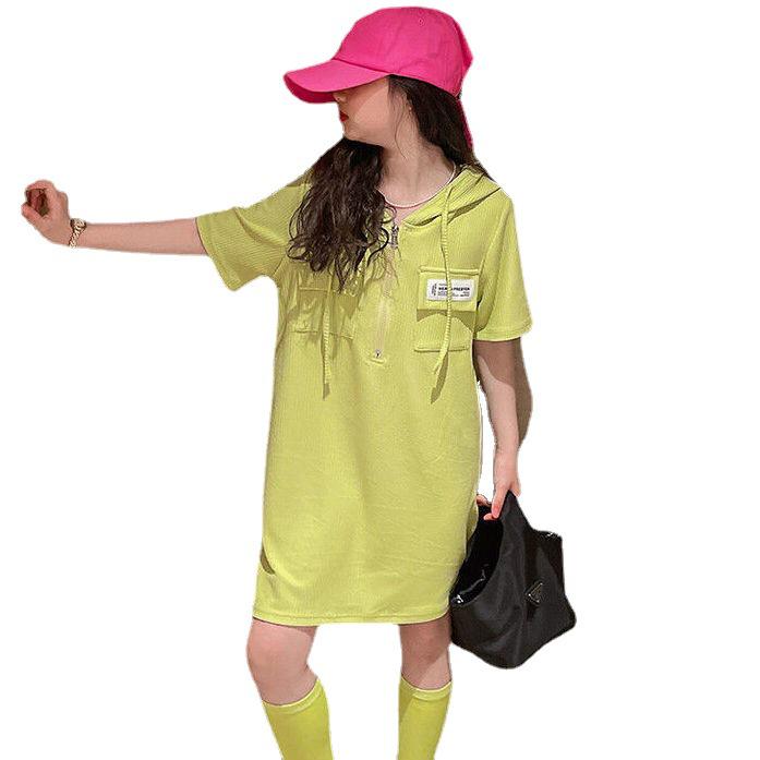 Платье принцессы в корейском стиле с капюшоном для девочек - с короткими рукавами, летний стиль футболки для детей