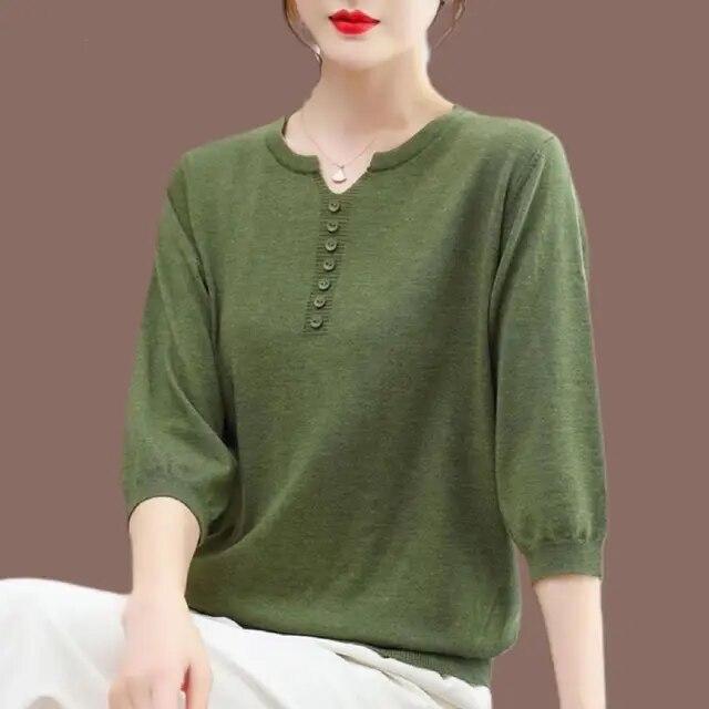 Корейская модная женская трикотажная футболка большого размера, женская одежда, весна-лето, пуловер с рукавами 3/4, свободные повседневные однотонные винтажные футболки