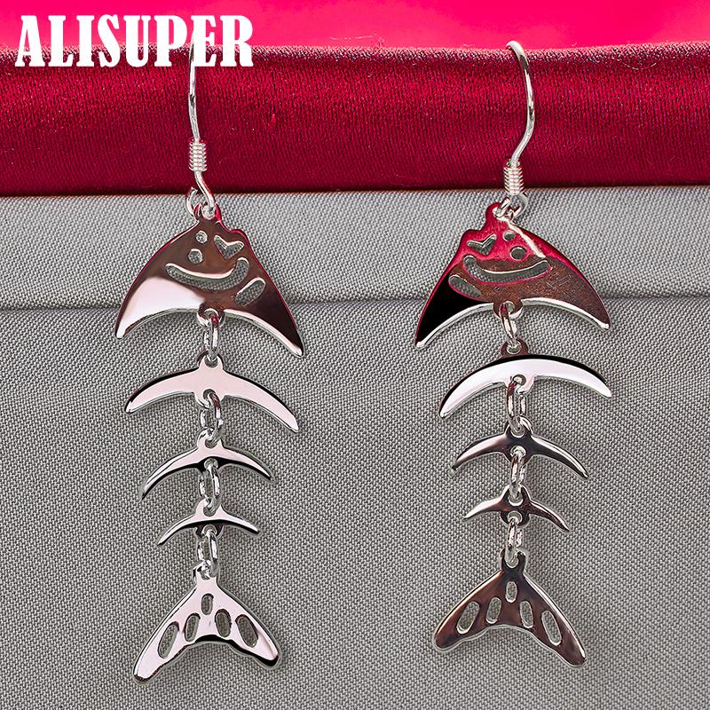 925 Sterling Silver Fish Bone Drop Earrings Jewelry