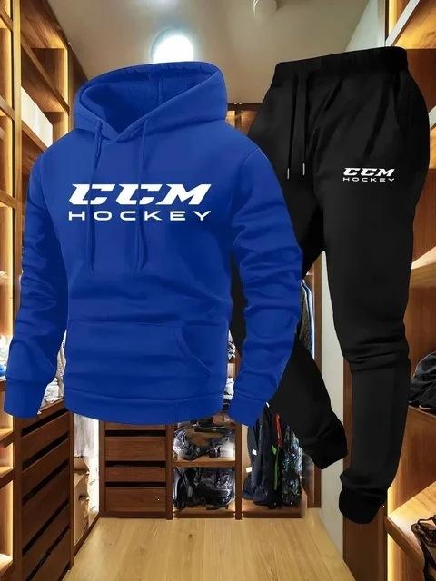Оптовый мужской повседневный спортивный комплект из двух предметов CCM с принтом: толстовка с длинным рукавом и капюшоном и комплект спортивных брюк