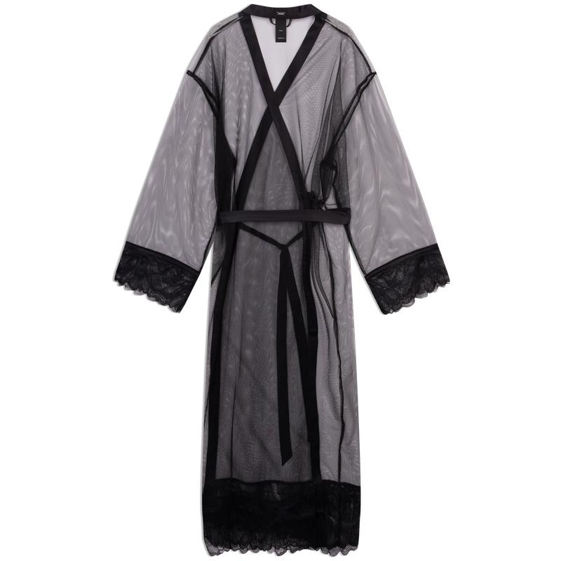 Calvin Klein Ss25 Черная серия Сексуальный прозрачный кружевной халат-сетка с завязками, длинный рукав, женские халаты, Космический черный QS7372