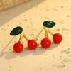 GEMCHIC Women's Cute Cherry Stud Earrings 2025 New Fashion Fruit Design Stainless Steel Red Green Leaf Jewelry