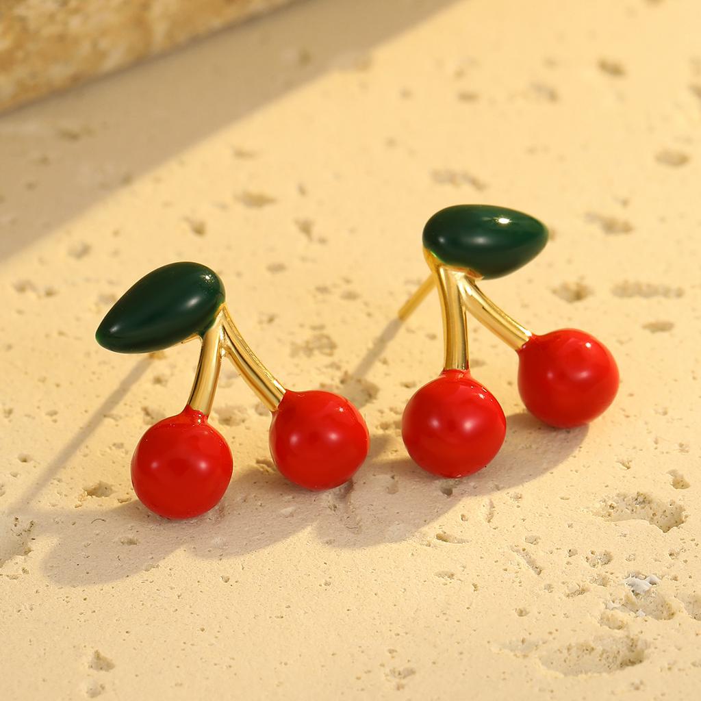 GEMCHIC Women's Cute Cherry Stud Earrings 2025 New Fashion Fruit Design Stainless Steel Red Green Leaf Jewelry
