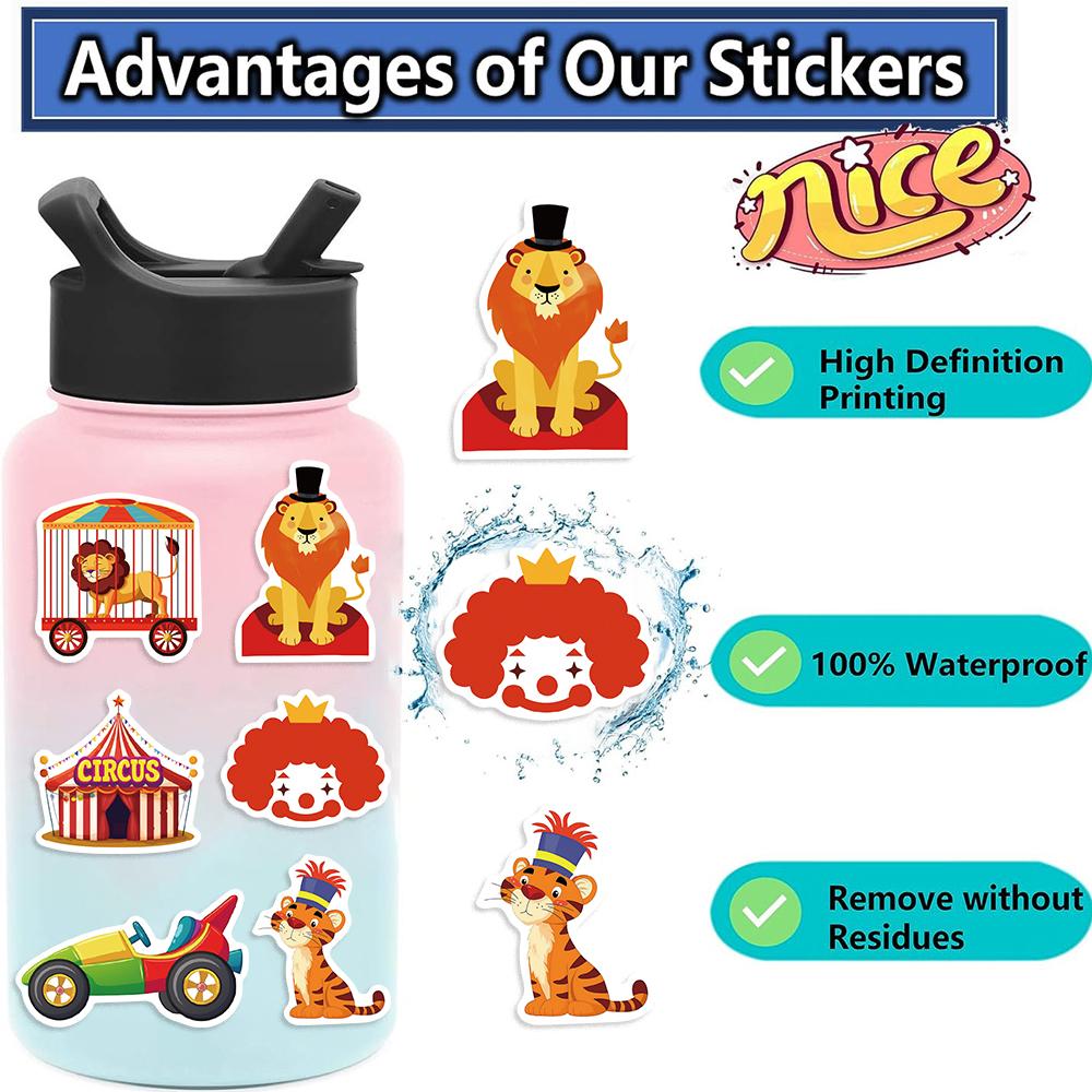 50pcs Happy Carnival Circus Stickers DIY Laptop Luggage Phone Fridge Notebook Car Sticker Cartoon Animal Decals Toy