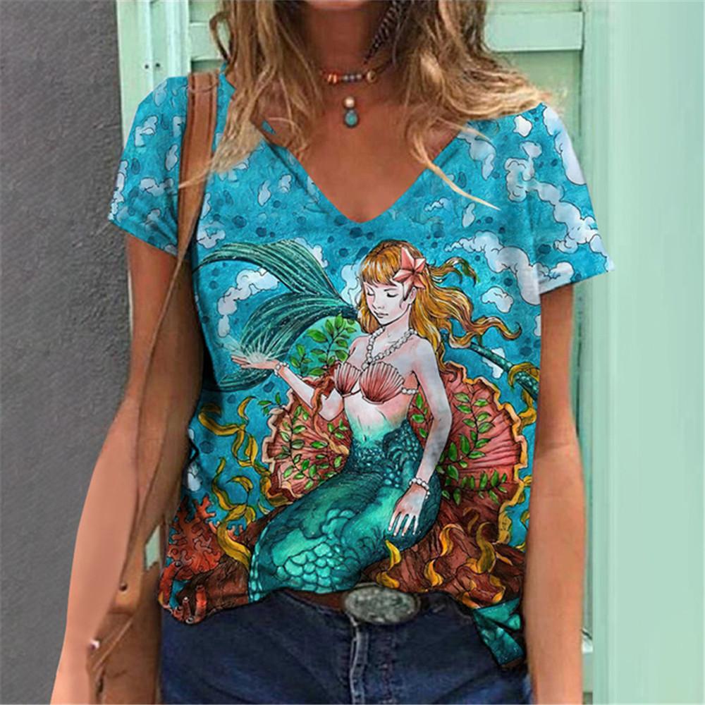 Lightweight Mermaid Digital 3D Print T Shirts Women Versatile Pullover Short Sleeve Summer Casual V-Neck Female Harajuka Tops