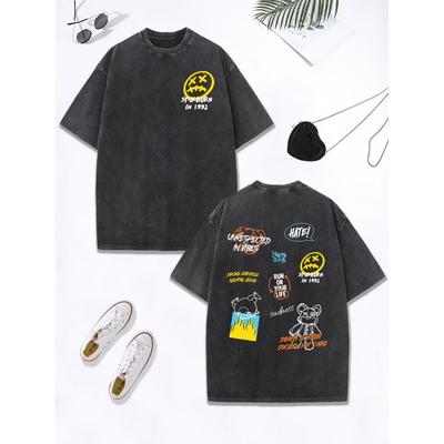 Маленький медвежонок Текстовые граффити Принты Выстиранная футболка Женщины Хлопок Оверсайз Топы Удобная Потертая Футболка с круглым вырезом Одежда