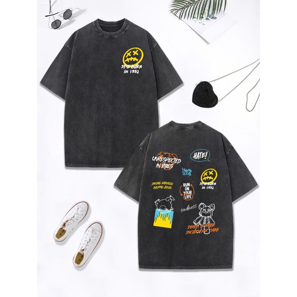 Little Bear Text Graffiti Prints Washed T-Shirt Women Cotton Oversized Tops Comfortable Distressed O-Neck T Shirt Clothes