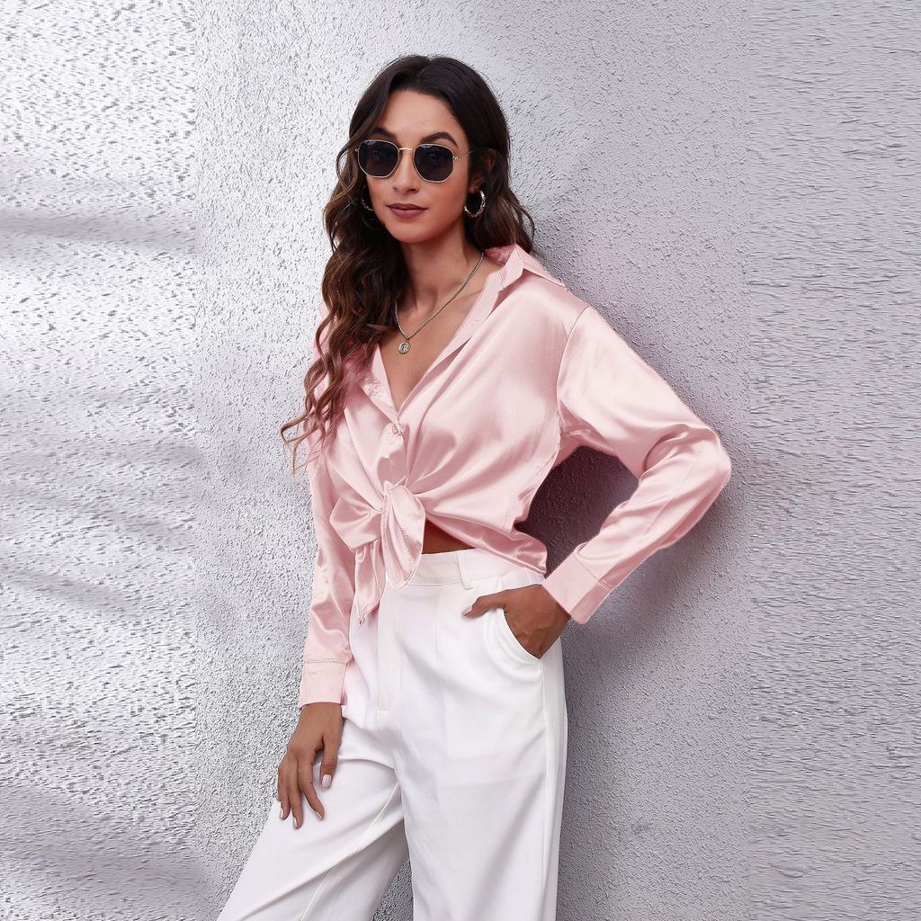 Satin Shirt For Women With Long Sleeves And Button Front For Office Wear