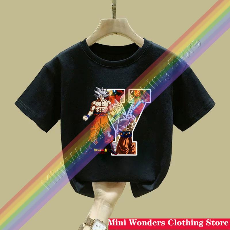 Dragon Ball Goku Tshirt Letter AZ Print Boys Clothes Cotton Short Sleeve Toddler Fashion Cartoon Anime Summer Street Wear Gift