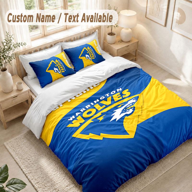Постельное белье с индивидуальным именем, 3 предмета, принт Warrington Wolves FC, пододеяльник + 2 наволочки, мягкий декор для кровати