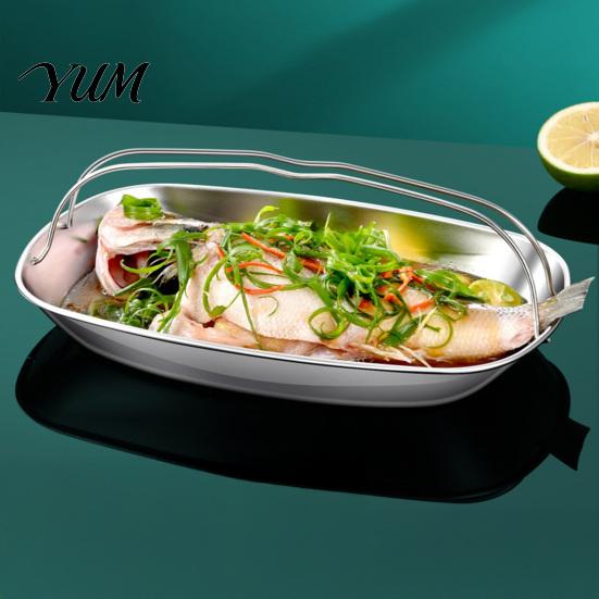 Food Grade Kitchenware Fish Steaming Plate with Ergonomic Handles, Stainless Steel Oval Cooking Durable Cookware Pan, Portable Large Capacity Serving