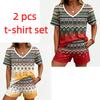 Summer Fashion Ethnic Style Pattern Printed V Neck Short Sleeved T-Shirt And Shorts Set Men's and Women's T-shirt Shorts Set
