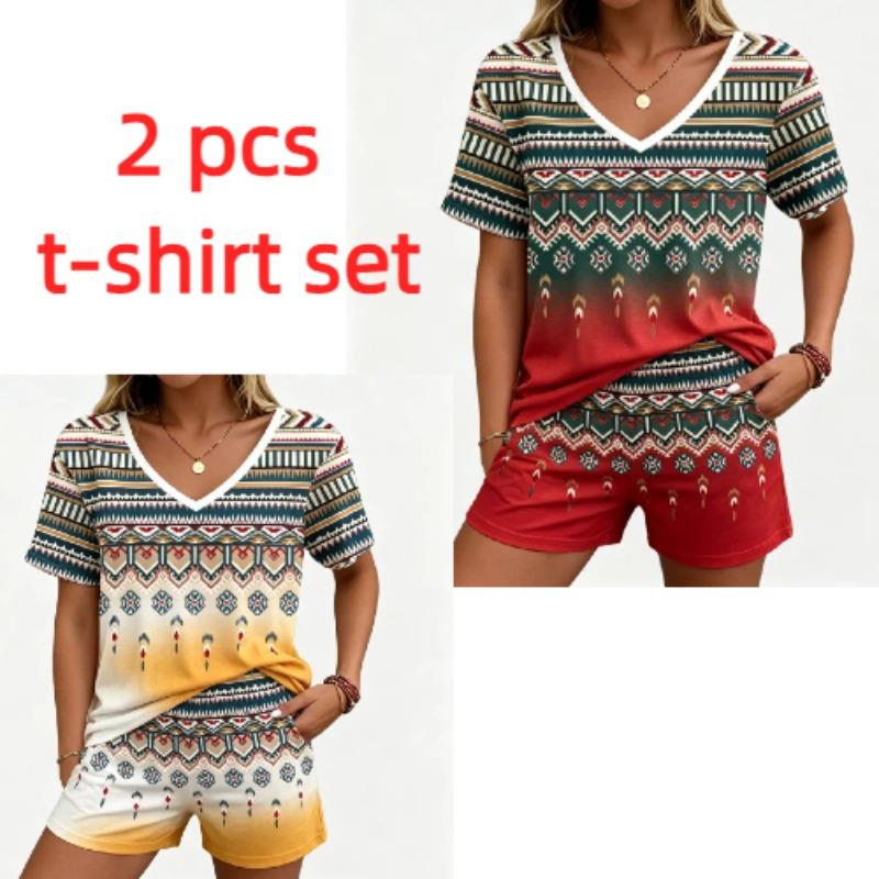Summer Fashion Ethnic Style Pattern Printed V Neck Short Sleeved T-Shirt And Shorts Set Men's and Women's T-shirt Shorts Set