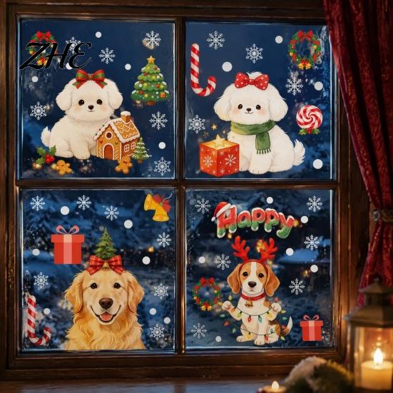 Easy Apply Window Paster Cute Dog Christmas Static Stickers, Waterproof PVC Holiday Decals for Home Decorative Scenes Store Glass, Removable