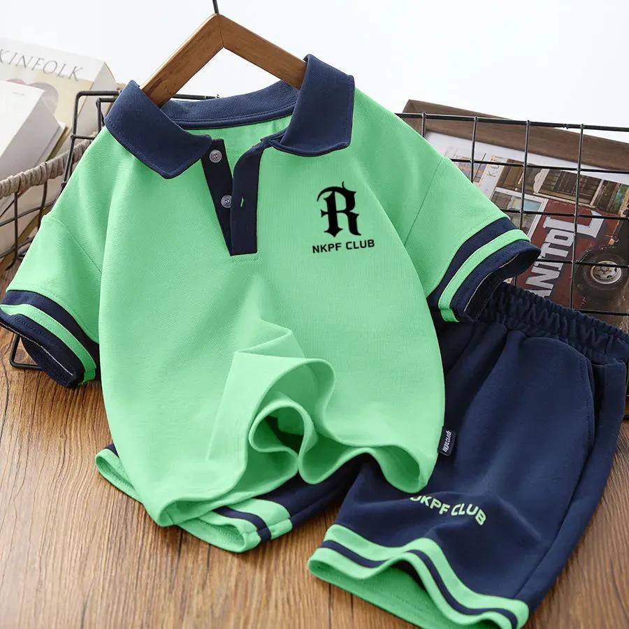 Summer Children Boy Clothes Kid Lapel T-Shirts and Shorts Set Patchwork V Neck Top Bottom 2 Pieces Suit Fashion Tracksuits