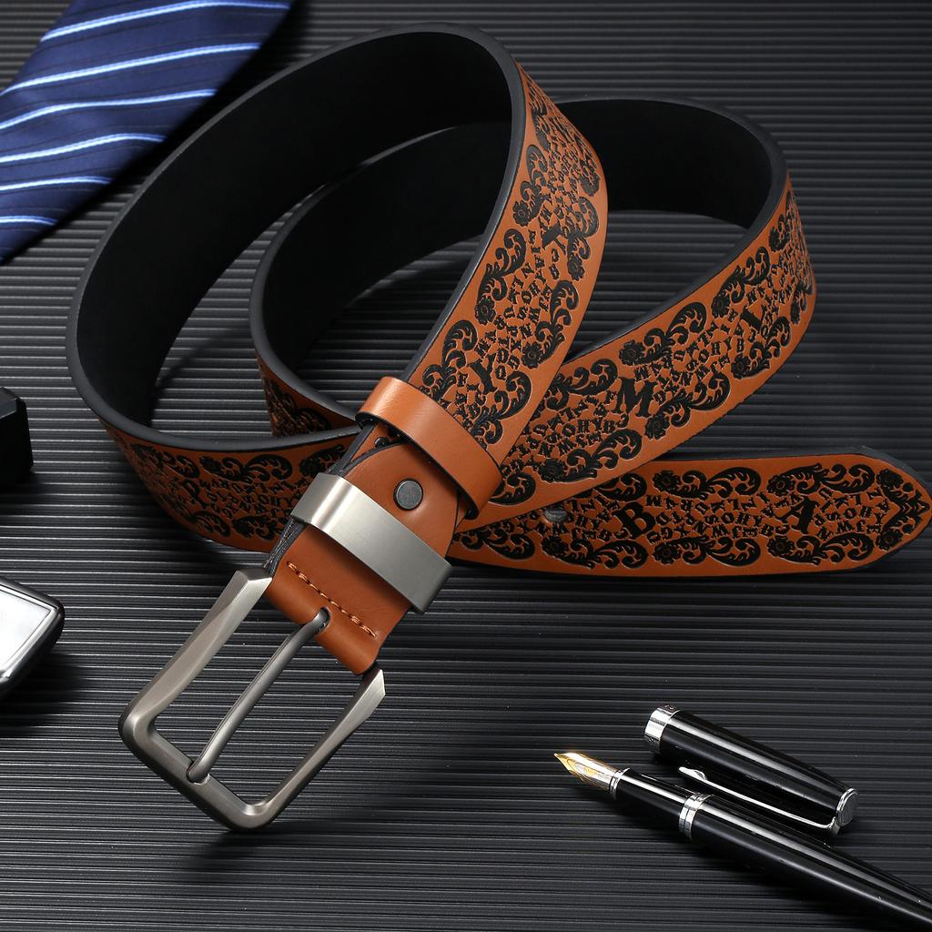 Мужской тисненый перфорированный ремень, пряжка из искусственной кожи, пряжка из сплава, всесезонный ремень