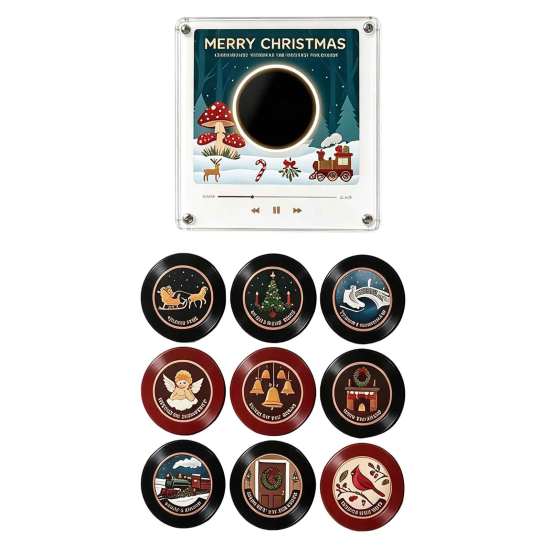 Programmable Music Box Vinyl Record Player Fridge Magnet for Christmas, with 9 Records, Decorative 256MB Memory, LED Light-Up Personalized NFC