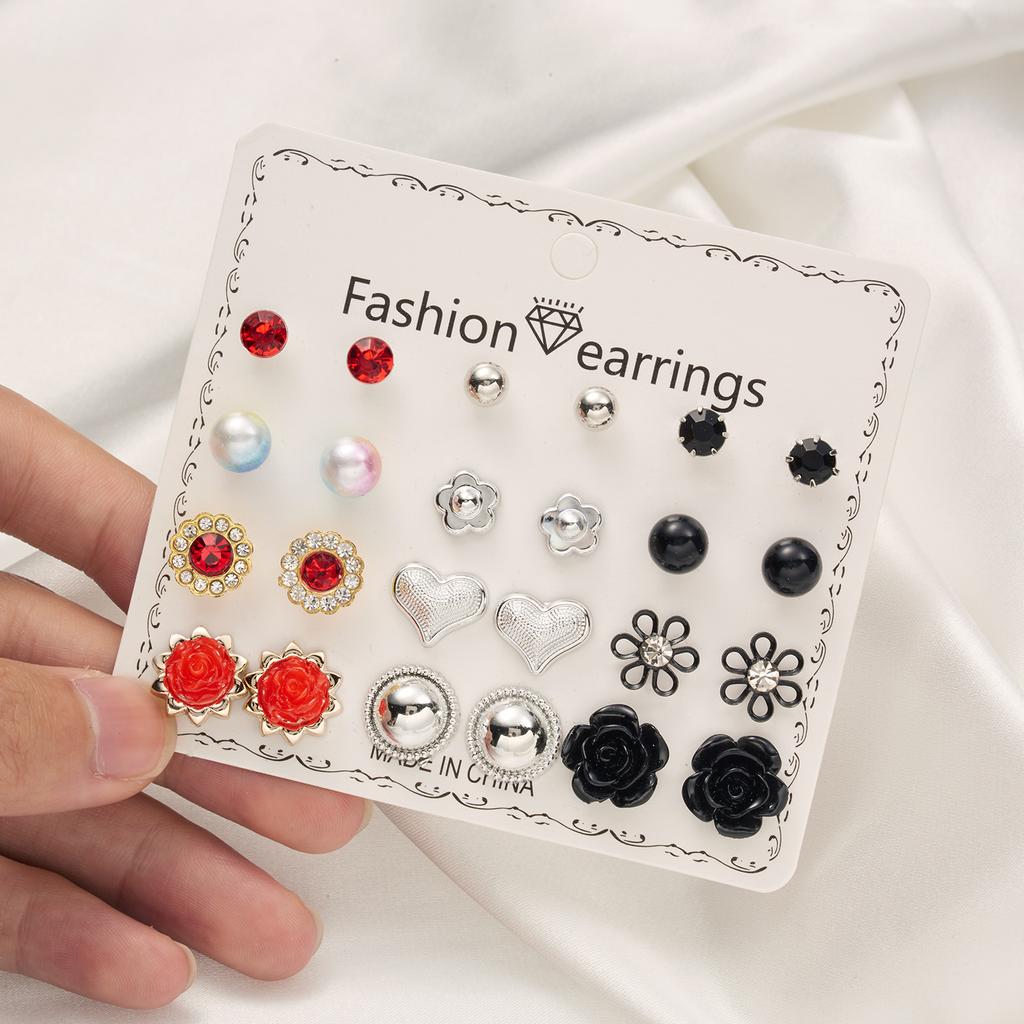 12 Pairs/Lot Heart Flower Earrings Set For Women Rhinestone Simulated Pearl Sun Star Stud Earrings Girls Party Jewelry Wholesale