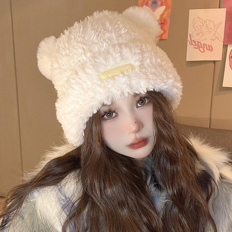 Women Winter Bear Ear Hat Knitted Plush Hat Solid Women Caps Novelty Beanies Caps Cute Casual Warm Hats