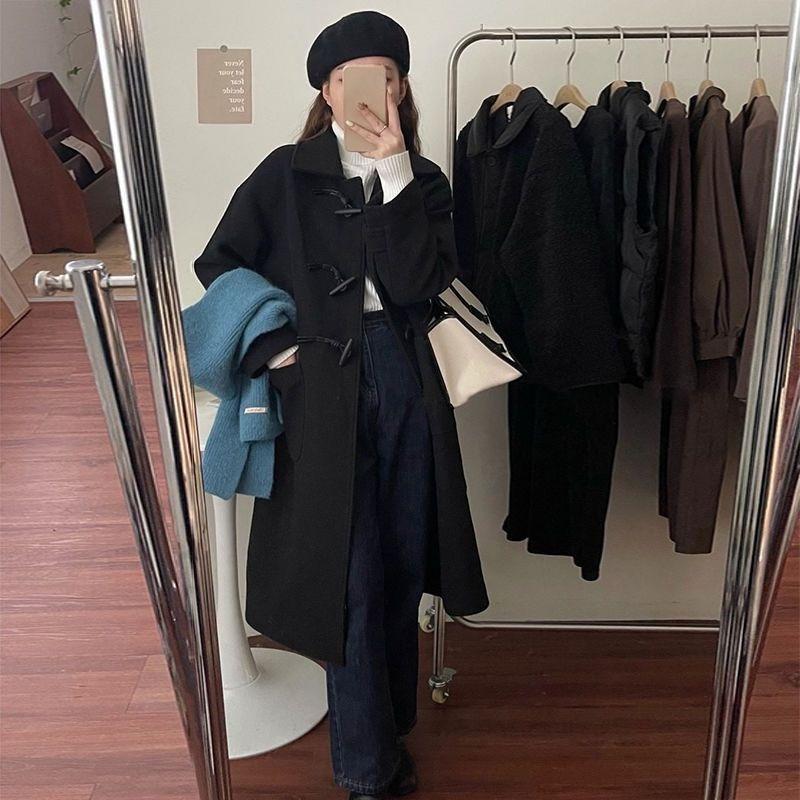 Женское длинное толстое пальто с пуговицами-рожками – верхняя одежда в японском стиле для осени и зимы