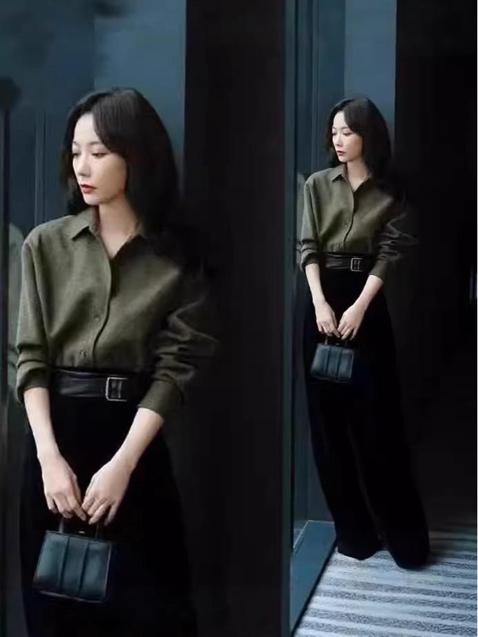 Ретро-шерстяная рубашка в стиле Ван Луодань, Гонконг: Женский, с длинным рукавом, стройнящий, однотонный, осенний