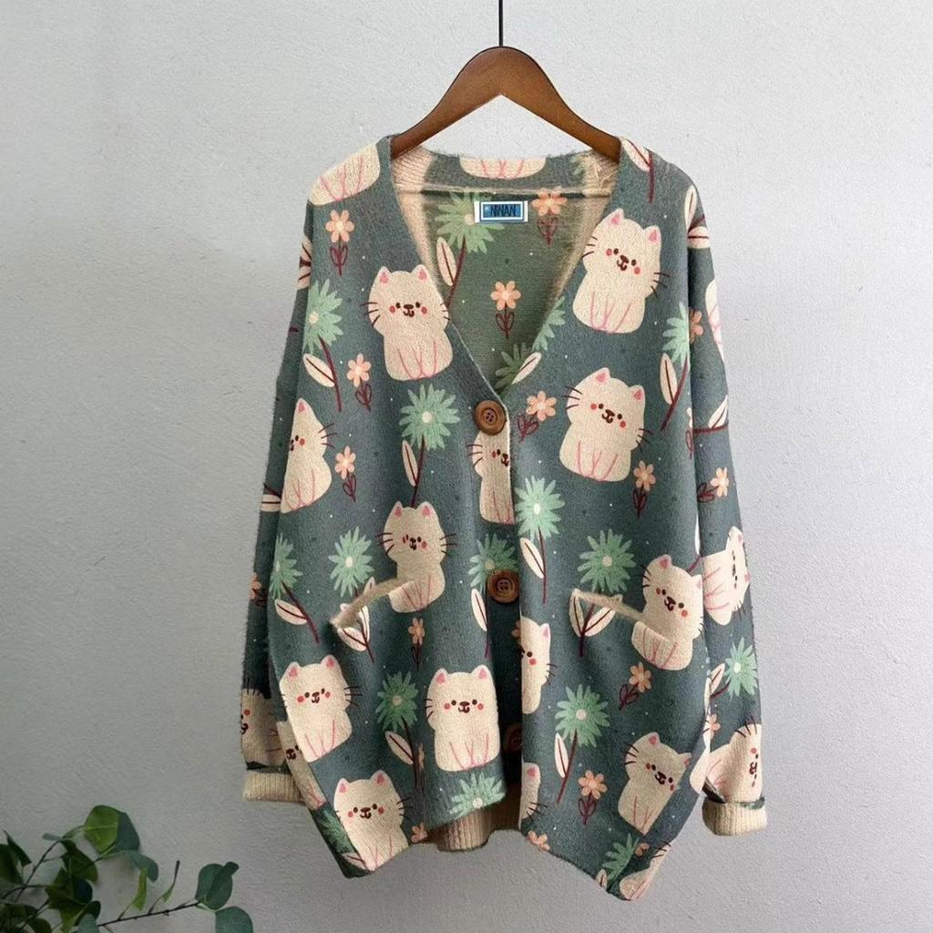 DIMANAF Новинка 2023 года, осенние свитера больших размеров, кардиган большого размера, женские свитера с цветочным принтом и мультяшным принтом, вязаный свободный свитер