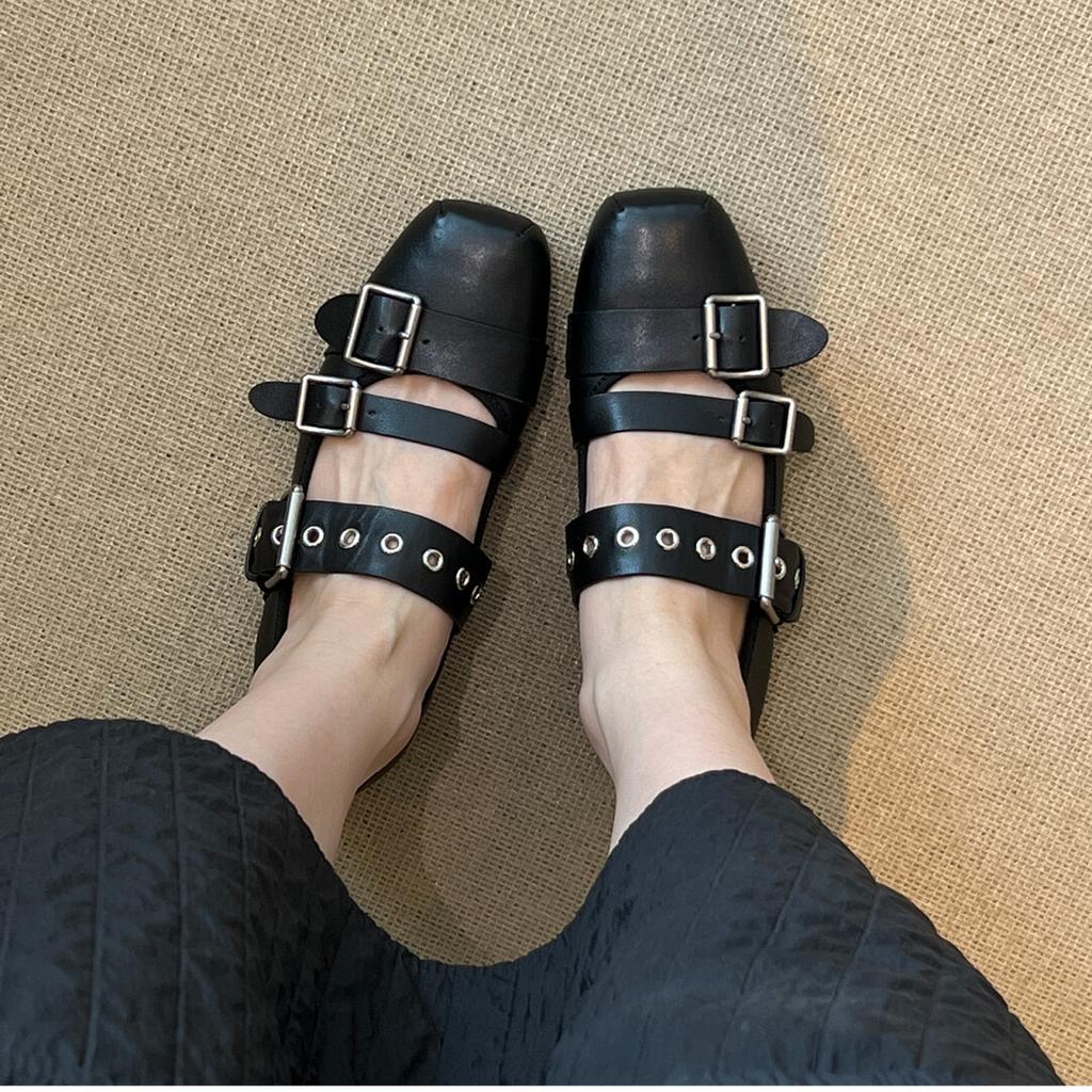 Punk Style 2025 Autumn New Ballet Style Mary Jane Shoes Women's Versatile Leather Shallow Mouth Square Head Belt Buckle Single Shoes