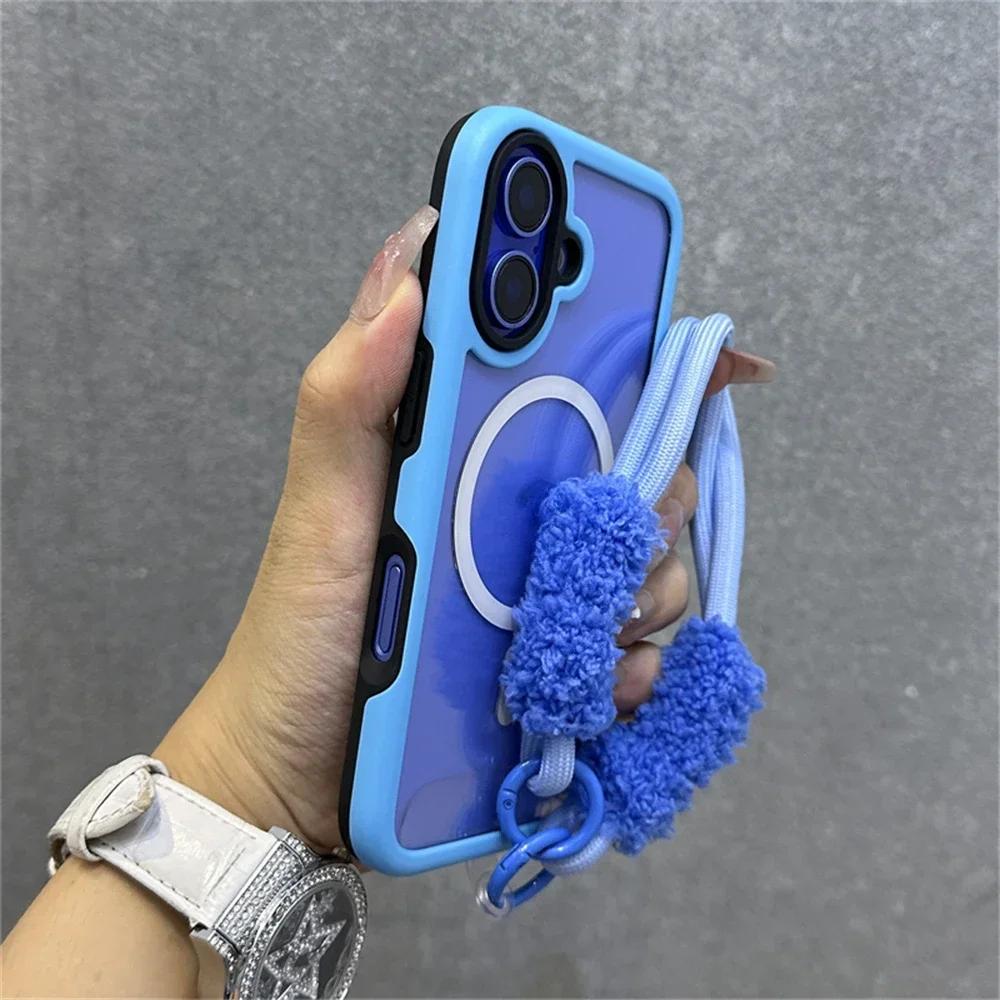 Чехол Armor Candy Color Clash для Magsafe Magnetic Clear Phone Case с плюшевым ремешком для iPhone 16 Pro Max 15 14 13 Cover