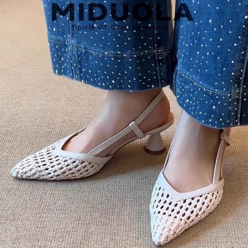 Мода 2025 Летняя обувь Скелетонизированные Модные Кожа Ткань Средний каблук Женские Сандалии Французский Квадратный носок Плетеные Сандалии на высоком каблуке