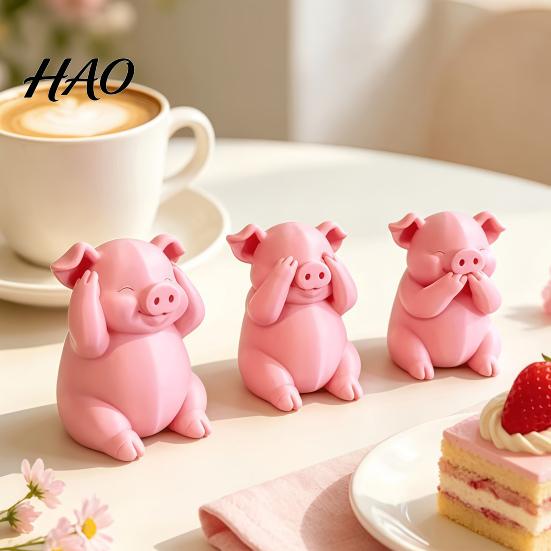 Adorable Animal Figurine for Home Decor 3 Pcs Cute Mini Pig Figurines, 3D Printed See Hear Speak No Evil Kawaii Bedroom Pink Statue, Novelty
