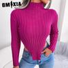 Женская мода, повседневная однотонная осенне-зимняя водолазка с длинным рукавом, свободный сексуальный асимметричный вязаный базовый свитер