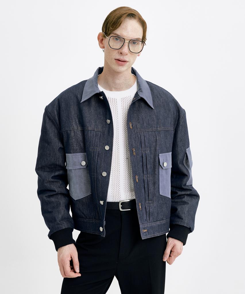 WUNDER GEIST Non-Faded Denim Pleated Faux Leather Suede Contrast Jacket