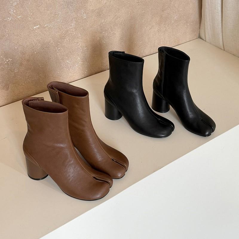Womens Split Toe Ankle Boots Side Zip Chunky Heel Genuine Leather Short Fashion Footwear