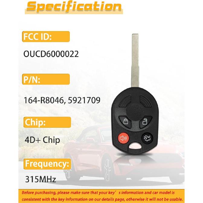 Head Key Fob Replacement Fits for Ford Focus 2012-/ C-Max Escape 2013-/ Transit Connect 2014- Keyless Entry Remote Control OUCD6000022 (Pack of 2)