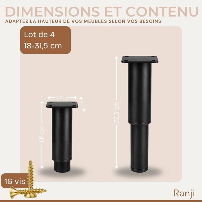 Lot de 4 Pieds de Meuble Réglables en Acier 18-31,5cm, Noir, Plaque de Fixation Solide, Embouts Antidérapants