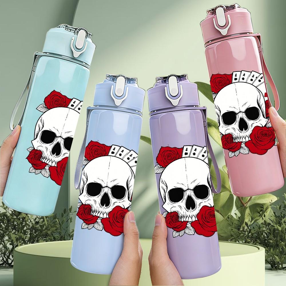 1PC Skull Red Rose Pattern 750ml Color Plastic Sports Water Bottle Leakproof Flip Straw Lid Suitable for Sports Office Home Use