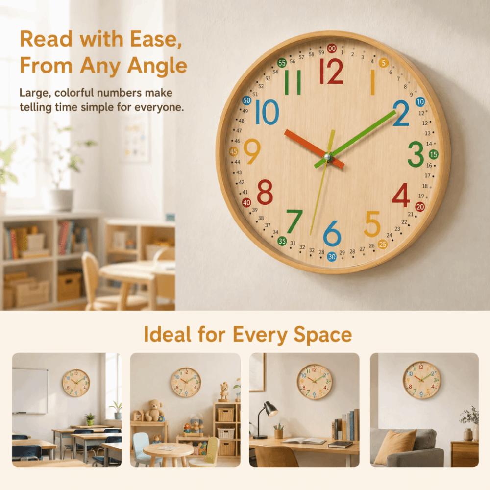 12 Inch Teaching Kids Wall Clock Silent Quartz Wall Clock Minimalist Wooden Wall Clock Office