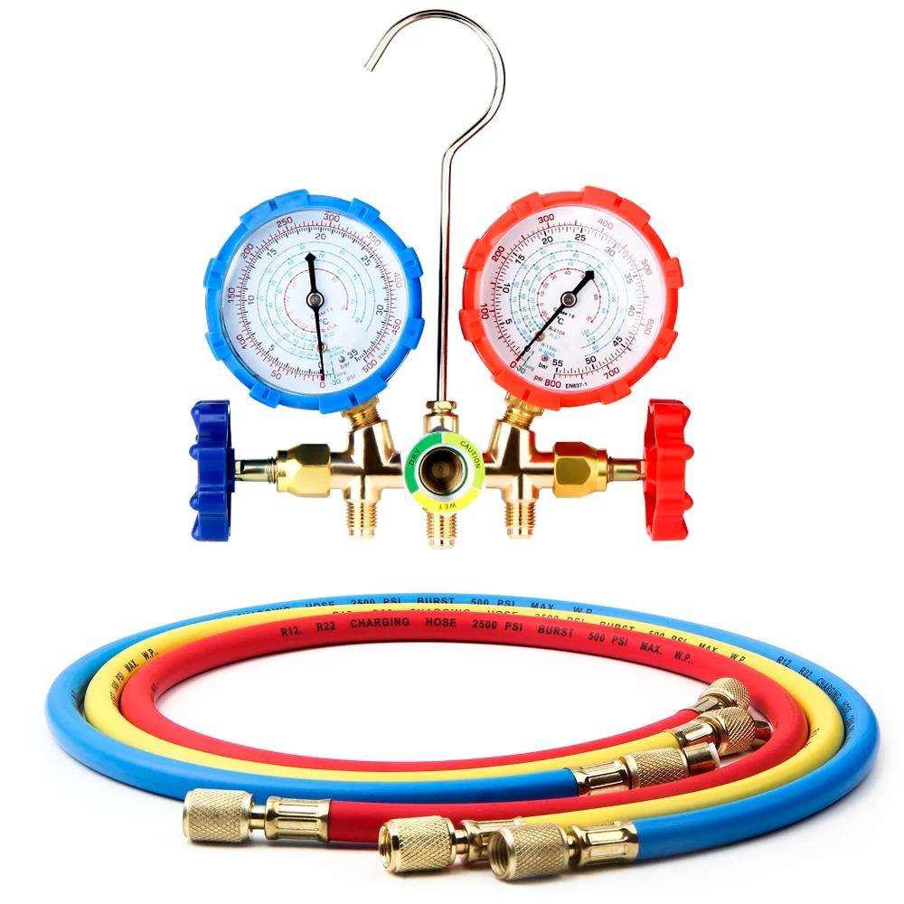 AC Manifold Gauge Set R32 410 22 134A Dual Gauge Valve Freon Refrigerant Charging Kit for HVAC