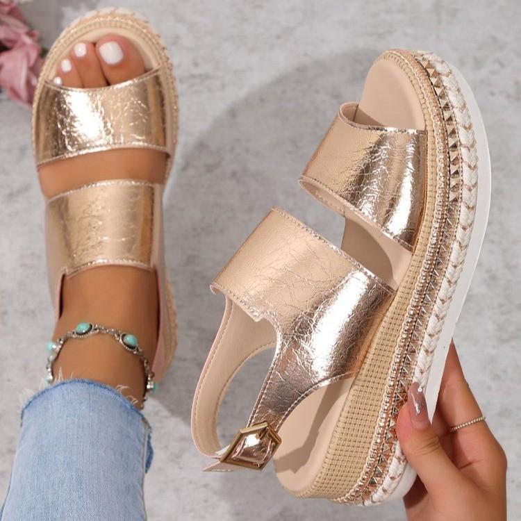 Весна и лето, новые европейские и американские босоножки большого размера на танкетке с полым рыбьим ртом, женские туфли-муффины с блестящей пряжкой на плоской подошве