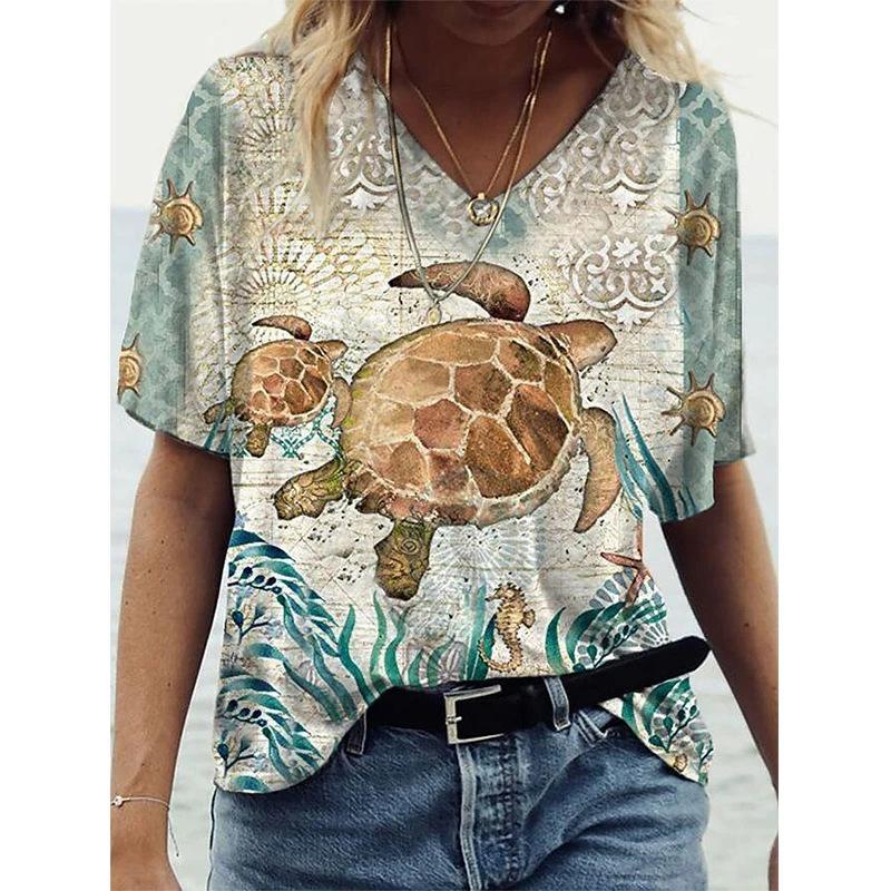 Женская футболка с V-образным вырезом и 3D-принтом в виде дельфина. Модная футболка с короткими рукавами и принтом.