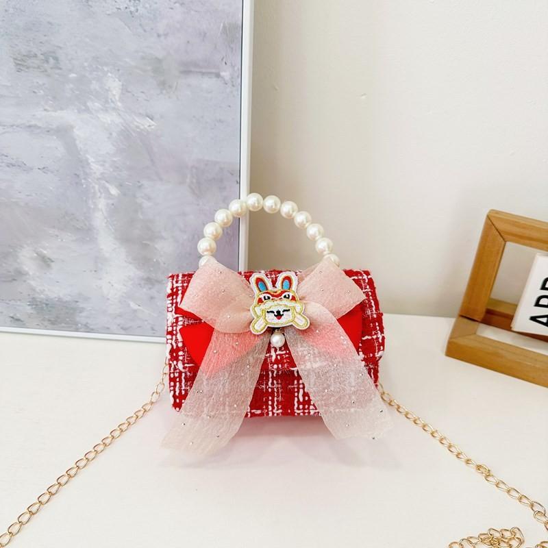 Red Delightful Cute Bowknot Childrens Handbag With Trendy Chain And Pearl Handle